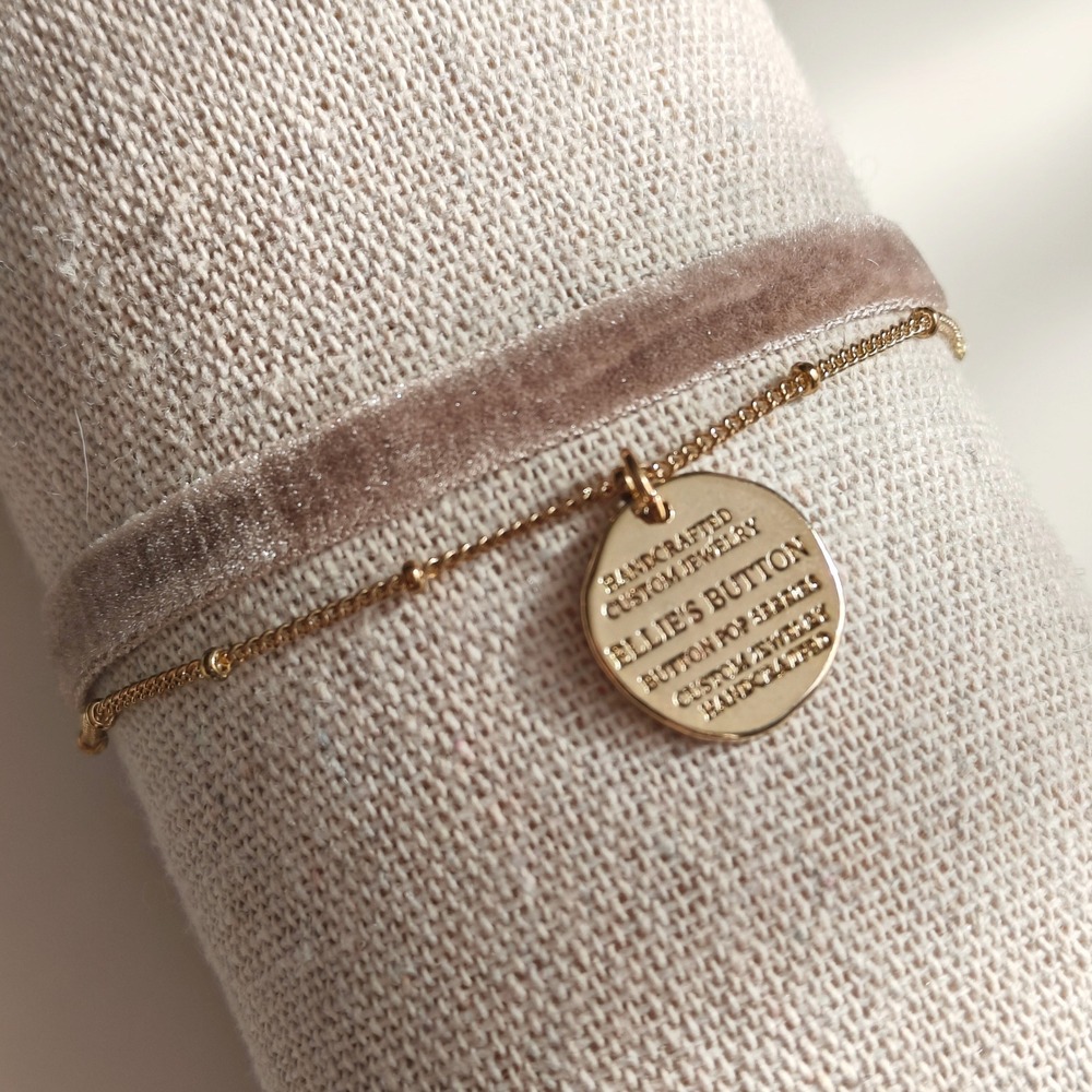 Handmade Pink Velvet Bracelet‎ Dusty Chain Gold Tone Coin Ellie's Button Layered